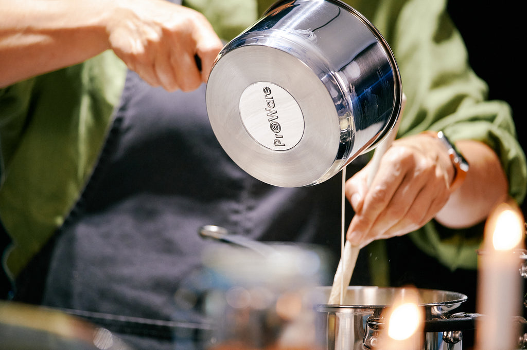 Stainless Steel Base Cookware Set of 5 – 14cm Milk Pan; 16cm, 18cm, & 20cm Saucepans; and 24cm Frying Pan