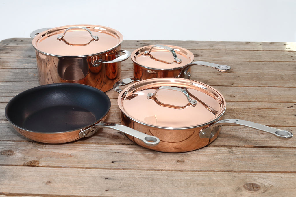 Copper Tri-Ply Set of 4 – 16cm Saucepan, 24cm Sauté Pan, 24cm Stock Pot & 24cm Non-Stick Frying Pan
