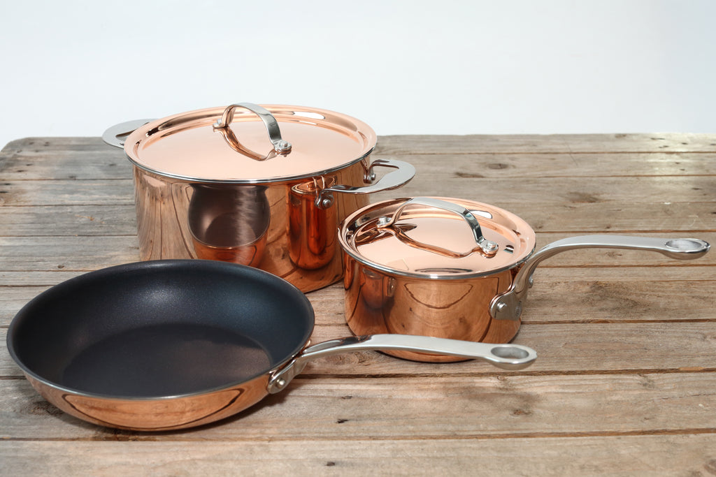Copper Tri-Ply Set of 3 – 16cm Saucepan, 24cm Stock Pot & 24cm Non-Stick Frying Pan