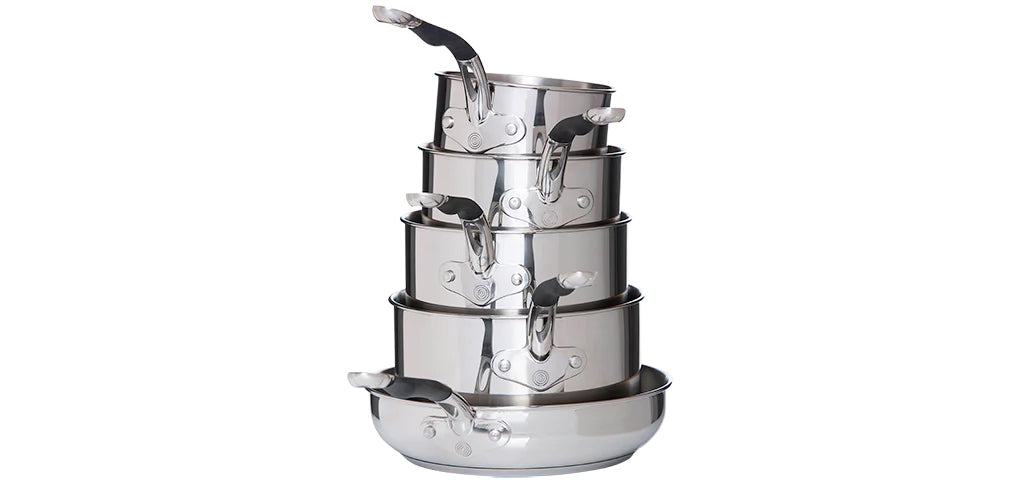 Stainless Steel Base Cookware Set of 5 – 14cm Milk Pan; 16cm, 18cm, & 20cm Saucepans; and 24cm Frying Pan