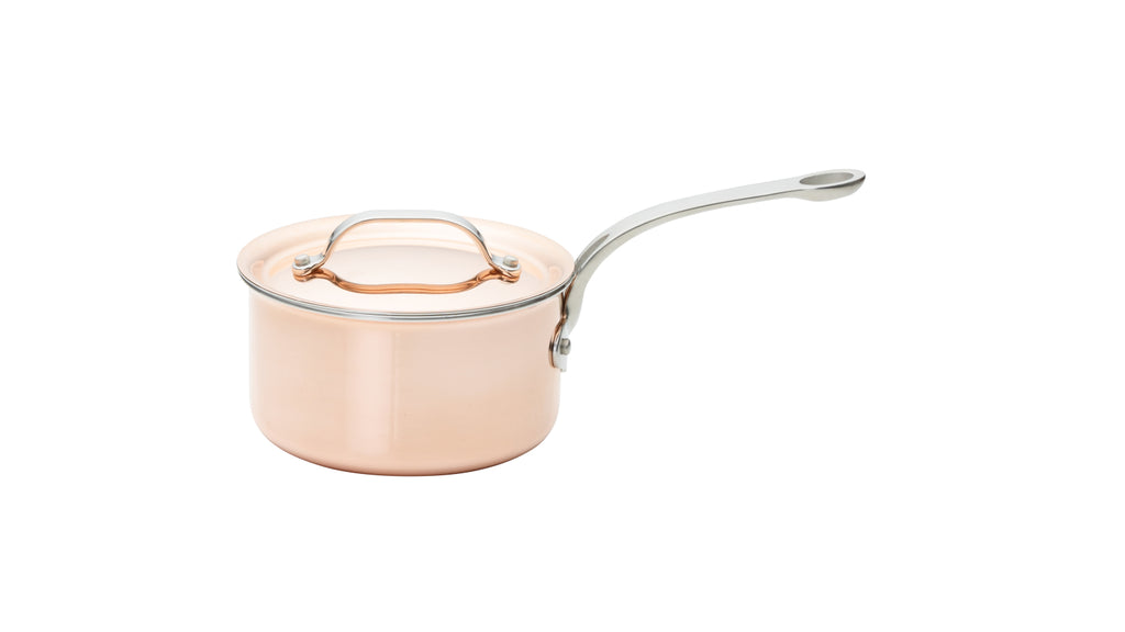 Copper Tri-Ply Set of 3 – 16cm Saucepan, 24cm Stock Pot & 24cm Non-Stick Frying Pan
