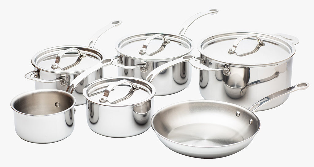 Stainless Steel Tri-Ply Set of 6 – 14cm, 16cm, 18cm & 20cm Saucepans; 24cm Stockpot and 24cm Frying Pan