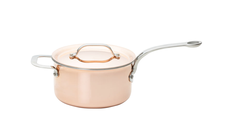 Copper Tri-Ply Set of 6 – 14cm, 16cm, 18cm, 20cm Saucepans, 24cm Sauté Pan & 24cm Non-Stick Frying Pan