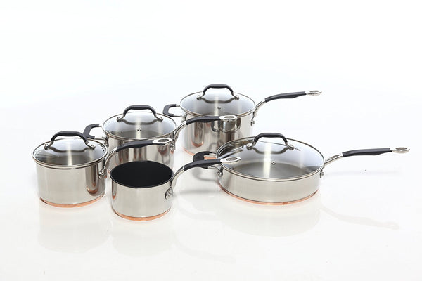 Copper Base Cookware Set of 5 – 14cm Milk Pan; 16cm, 18cm, & 20cm Saucepans; and 26cm Saute Pan