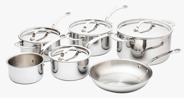 Stainless Steel Tri-Ply Set of 6 – 14cm, 16cm, 18cm & 20cm Saucepans; 24cm Stockpot and 24cm Frying Pan